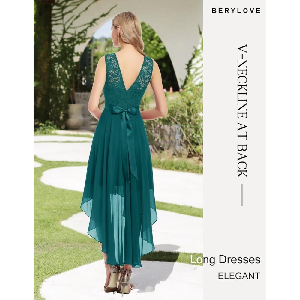 BeryLove Women Peacock Green Chiffon Scoop Neck Sleeveless Lace Cocktail Dresses - Picture 3 of 7